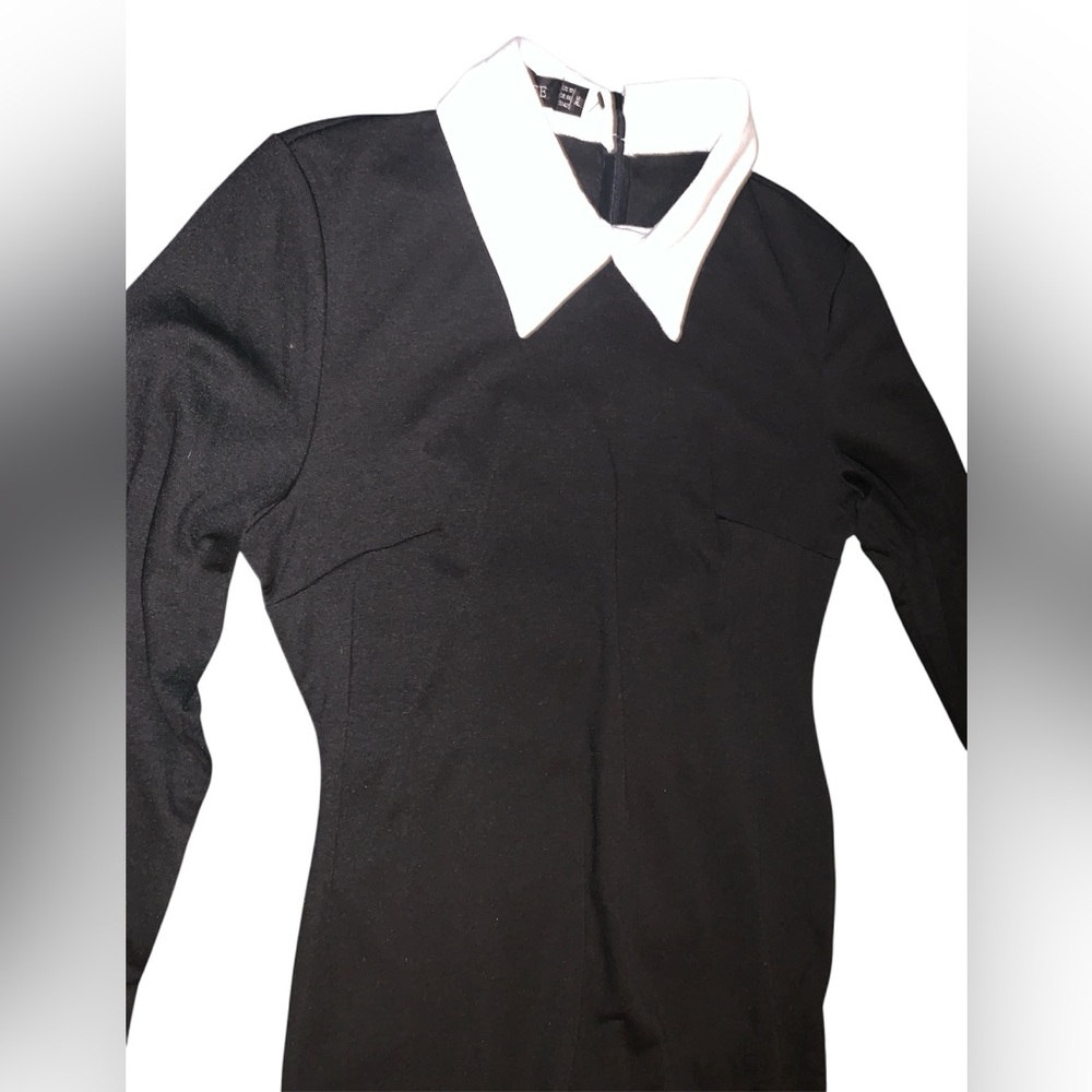 Elegant Black Long Sleeve Dress with turn down collar and white cuffs Wednesday - Picture 6 of 10